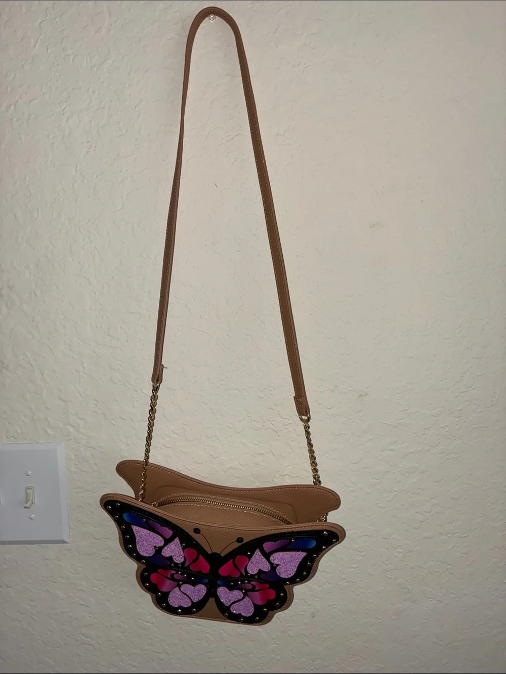 Betsey Johnson Tan Crossbody Bag with Purple, Pink and Blue Butterfly